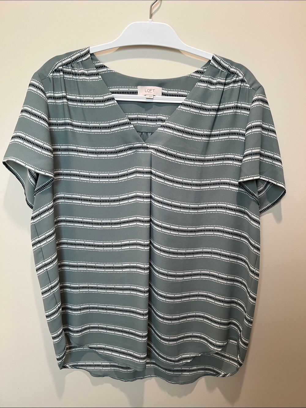 LOFT Sage Green Striped V-Neck Short Sleeve Blouse